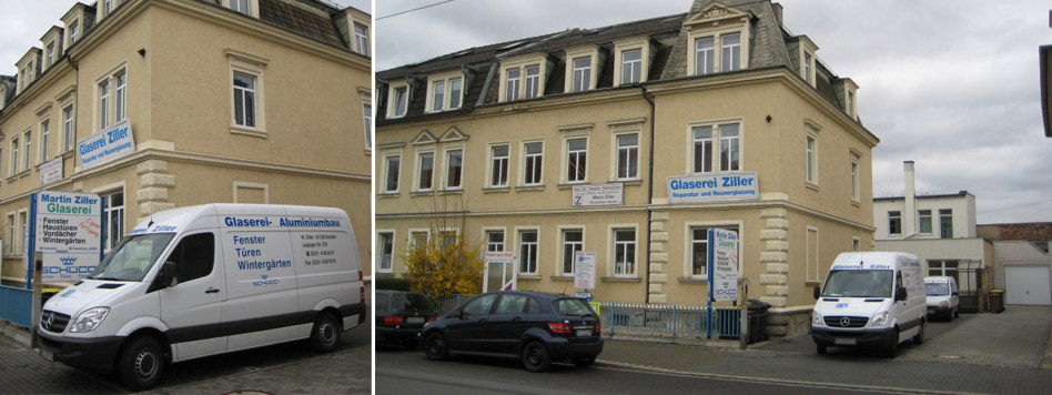 Außenansicht des Standorts der Glaserei Ziller in Dresden auf der Leipziger Straße